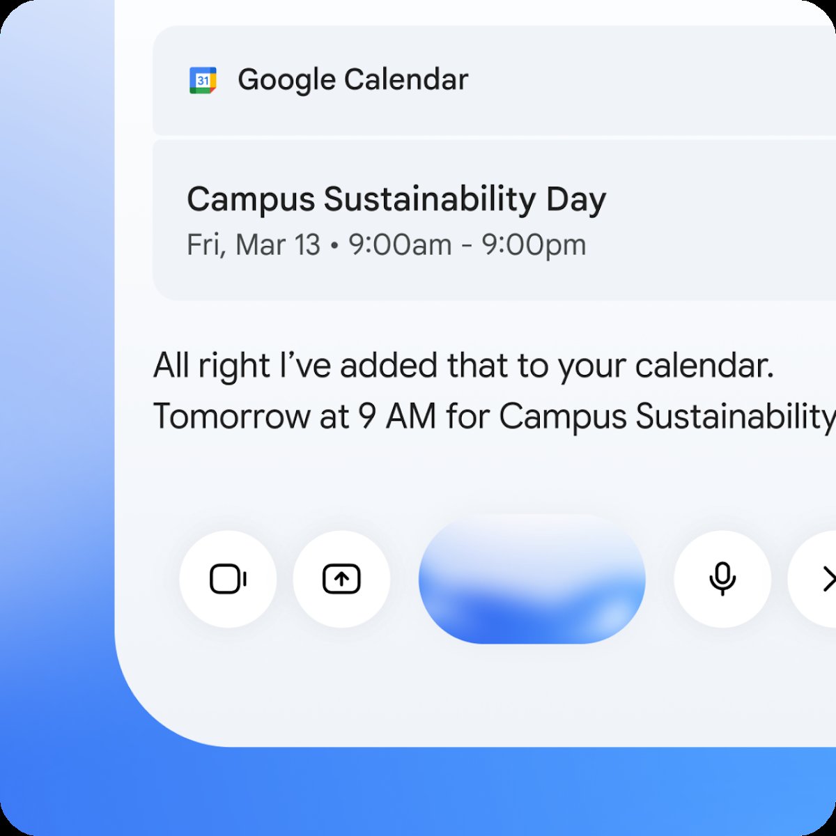 官方配图：Gemini Live 对话中把活动加进 Google 日历后的界面，底部一排是摄像头、屏幕共享、麦克风等控制按钮
