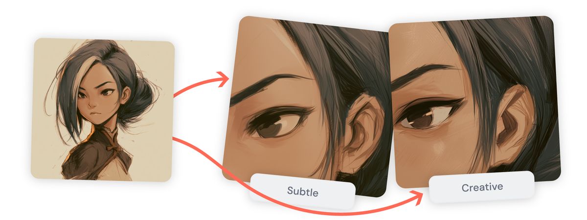 官方示意：同一张插画分别用 Subtle 和 Creative 放大后的局部对比，Creative 补充了更多笔触细节