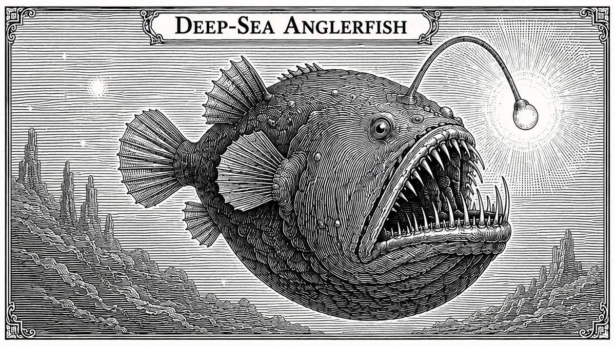 钞票雕刻版画风提示词：深海生物黑白平行线雕刻插画（gpt-image-2）