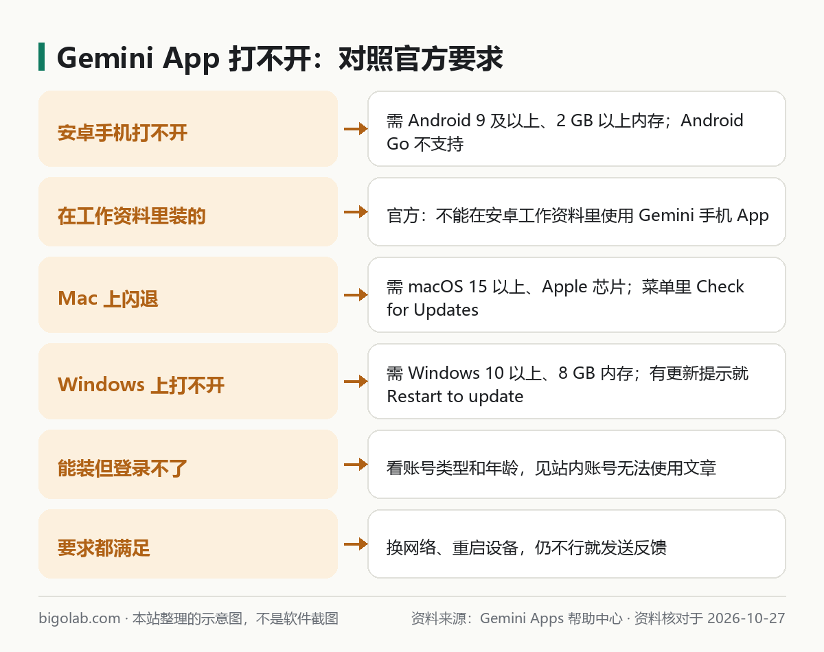 Gemini App 打不开：对照官方要求