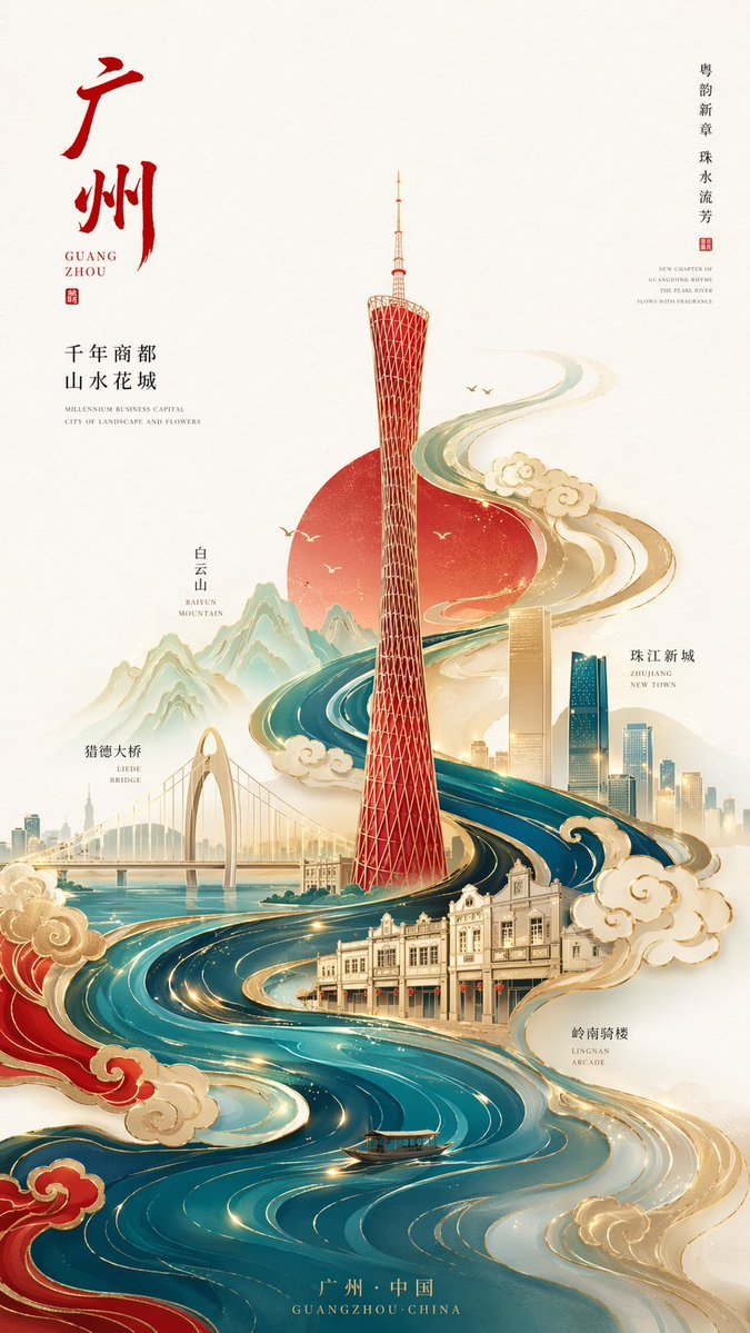 城市海報提示詞：新中式極簡城市地標海報（幾何化地標 + 祥雲水紋，廣州示例）（gpt-image-2）