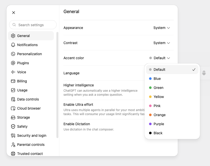 ChatGPT 设置的 General 页面：Appearance、Contrast、Accent color、Language 等选项，Accent color 下拉展开（英文界面）