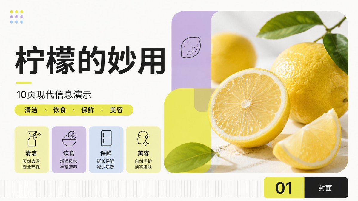 AI做PPT封面提示詞：清新模組化的中文 PPT 封面頁（檸檬主題示例）（gpt-image-2）