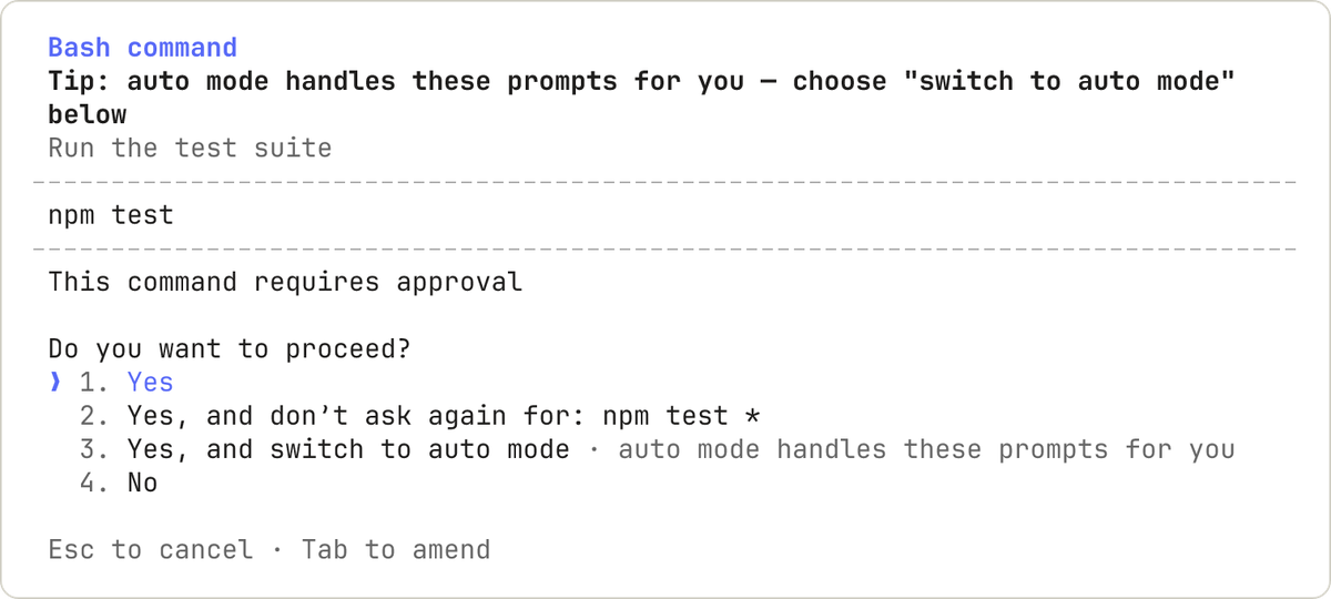 Claude Code 在 Manual 模式下执行 npm test 前弹出的确认框，选项依次是：是；是，且以后对 npm test * 不再询问；是，并切换到 auto 模式；否