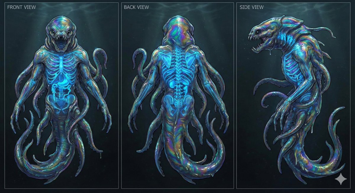 ai角色三视图提示词：深海发光骨骼生物，油膜虹彩表皮正背侧三视图（Nano Banana）