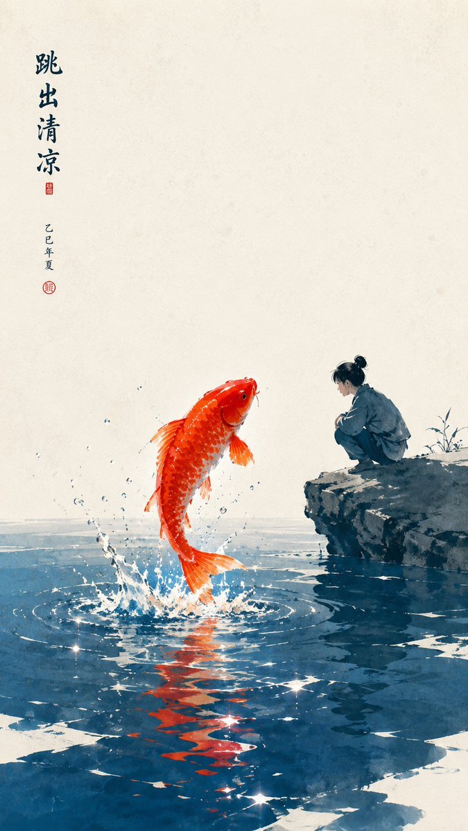 東方禪意壁紙提示詞：錦鯉躍出水面的極簡插畫（宣紙留白、硃紅與湖藍）（gpt-image-2）