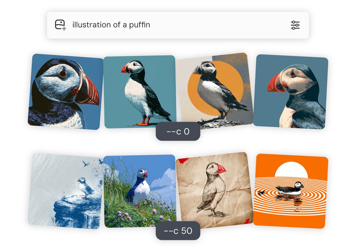 同一提示词「illustration of a puffin」在 --c 0 与 --c 50 下的 4 张图：数值越高，构图和风格差异越大