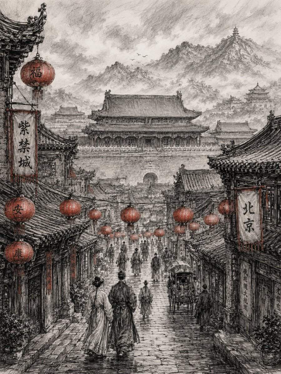 壁紙提示詞：鉛筆炭筆手繪古城街景，黑白素描裏只留一抹燈籠紅（gpt-image-2）