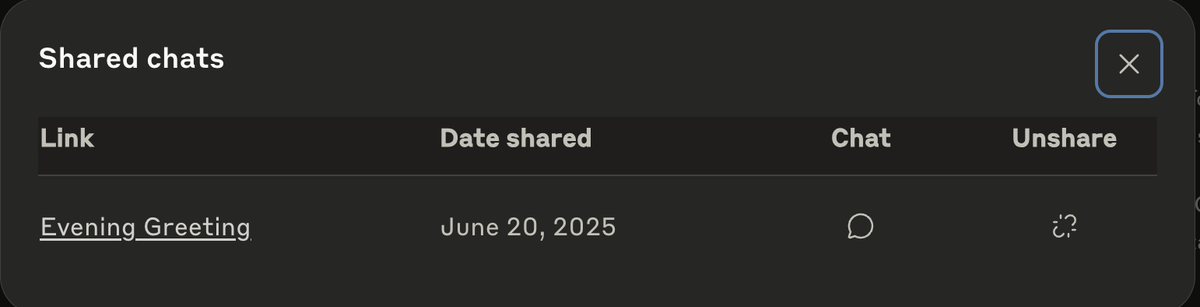 Shared chats 弹窗：列出分享过的对话链接、分享日期，右侧有 Unshare 按钮