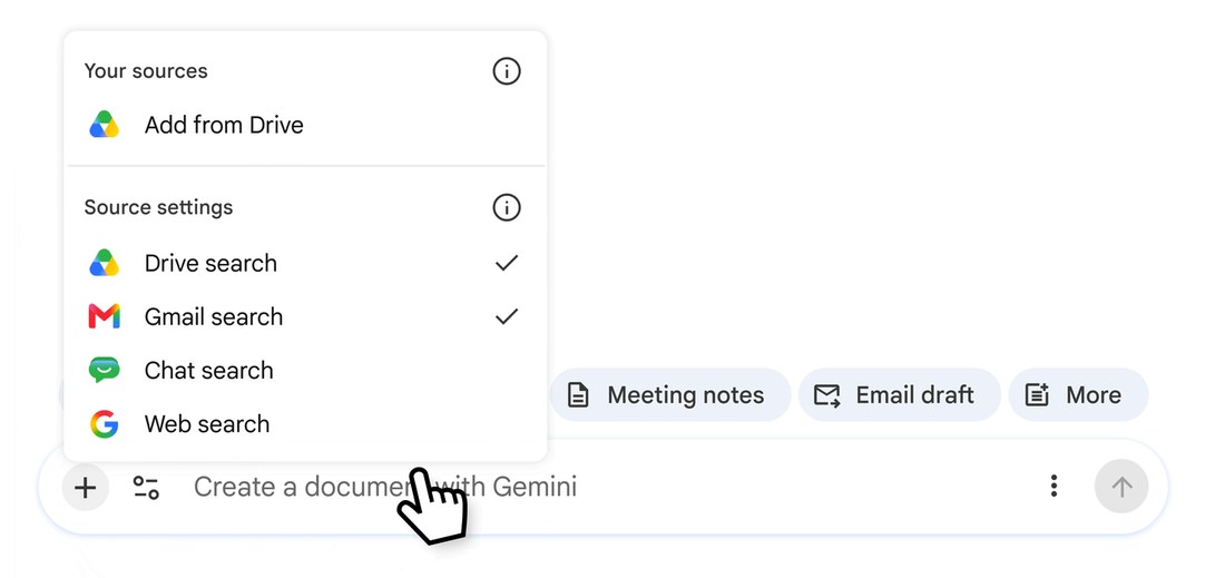 文档底部提示栏的「+」菜单：从云端硬盘添加来源，并选择 Gemini 可以搜索的位置（云端硬盘、Gmail、Chat、网页）