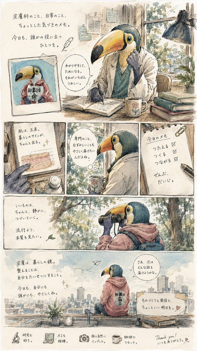 漫畫提示詞：水彩手帳風日記漫畫頁，動物擬人主角的職業隨筆（gpt-image-2）