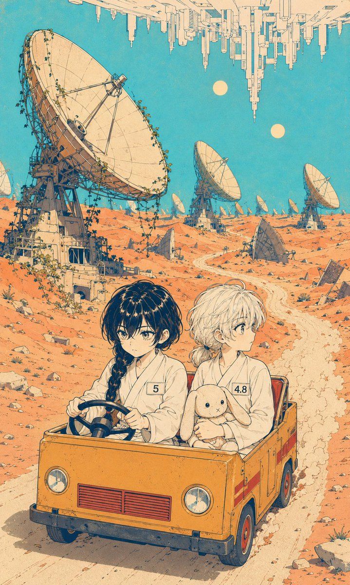 漫画提示词：复古科幻漫画封面，沙漠射电望远镜与倒悬之城（gpt-image-2）