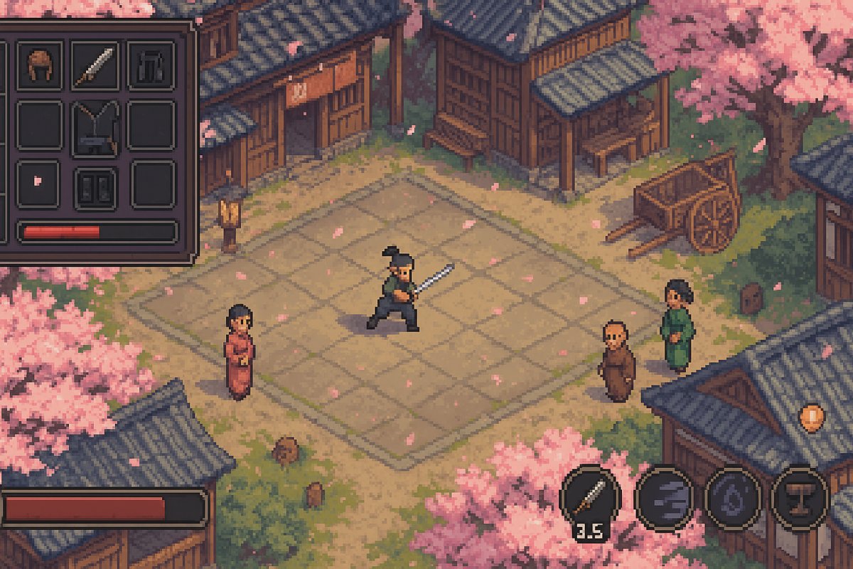像素風提示詞：櫻花村莊等距像素 RPG 截圖，武士練劍 + 背包欄 + 技能冷卻