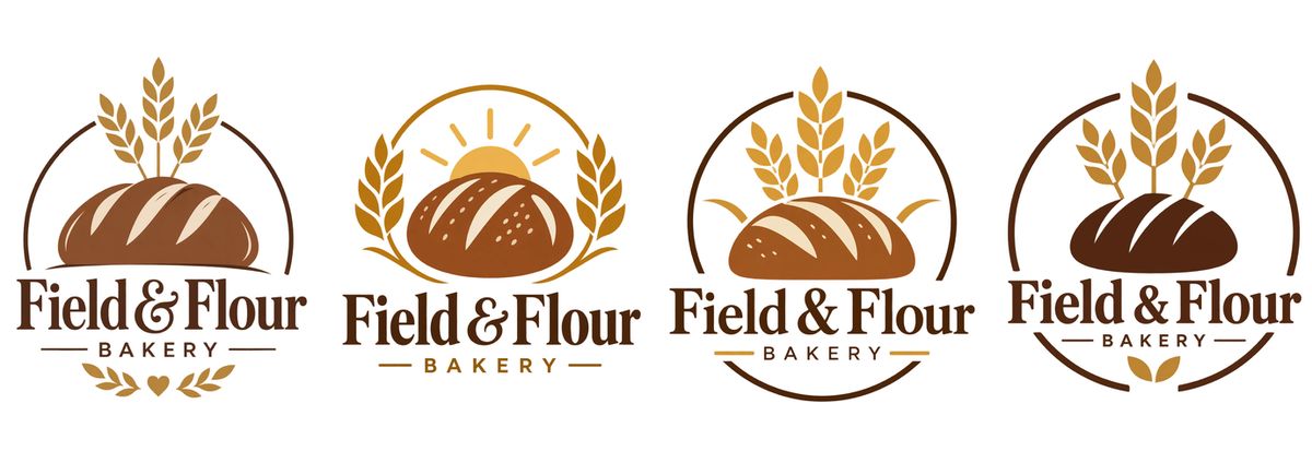 官方示例：按上面的提示词生成的 4 个烘焙店 Logo 方案（麦穗 + 面包 + 店名）