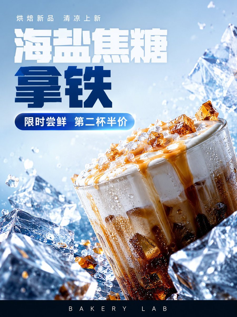 飲品海報提示詞：冰爽海鹽焦糖拿鐵新品促銷海報（中文大字 + 第二杯半價）（gpt-image-2）