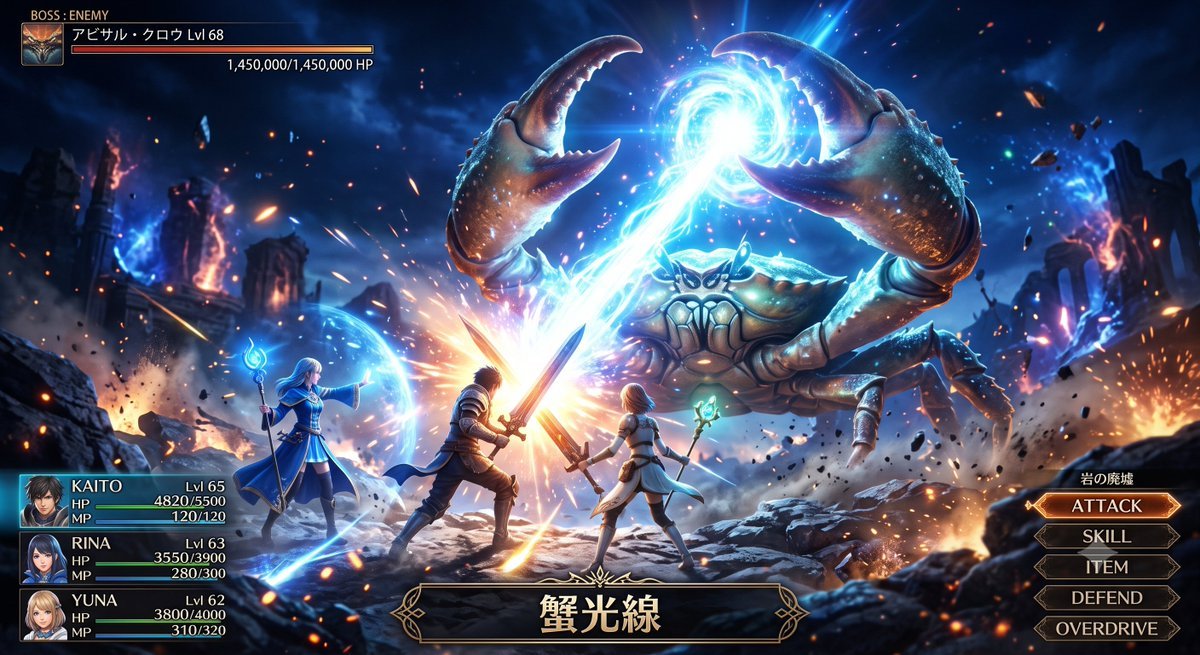 ai遊戲素材生成提示詞：日式 RPG Boss 戰畫面，巨蟹光束 + 戰鬥 UI（gpt-image-2）