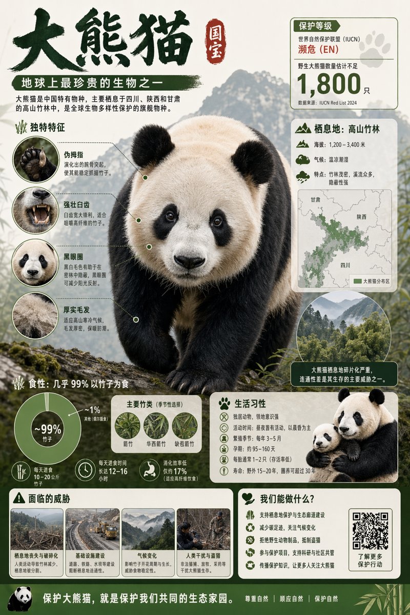 資訊圖提示詞：瀕危動物中文科普海報，寫實主體 + 棲息地地圖 + 食性威脅標註（大熊貓示例）