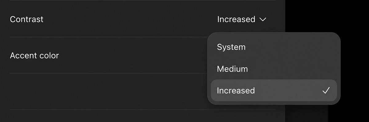 Contrast 下拉菜单：System、Medium、Increased，当前选中 Increased（英文界面，深色外观）