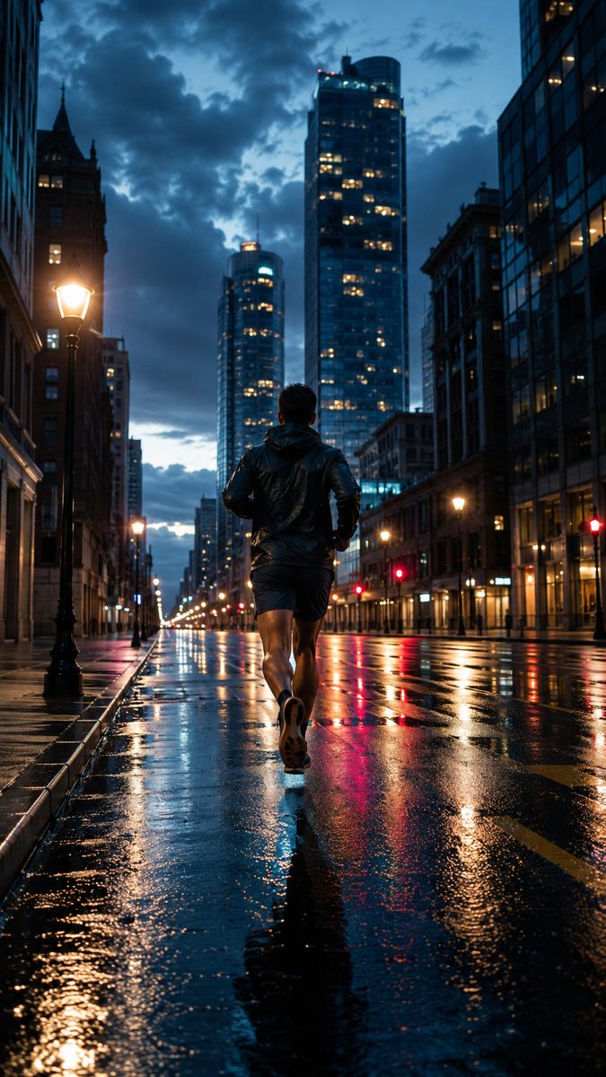 veo 3 提示词：雨夜城市夜跑运动广告（贴地跟拍 + 无人机航拍 · 同期脚步声）