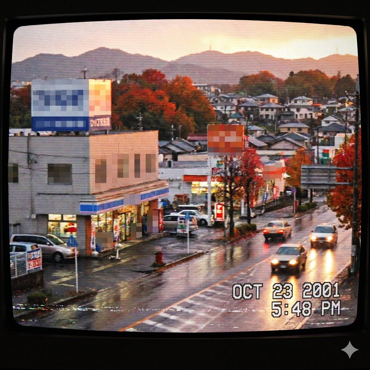 壁纸提示词：千禧年日本郊外小镇的老录像画面，显像管电视 + 日期水印的怀旧感（Nano Banana）