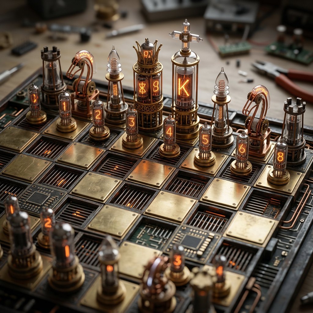 ai游戏素材生成提示词：主题棋盘微缩模型模板，把棋子换成任意风格的建筑零件（Nano Banana）