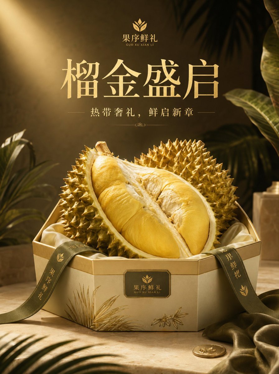 水果礼盒主视觉提示词：榴莲礼盒新品发布 KV（热带奢华、聚光灯质感）（gpt-image-2）
