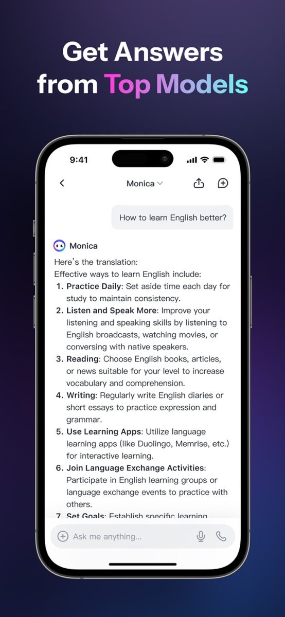 Monica 手机端对话界面：用户提问如何学好英语，Monica 给出分点回答