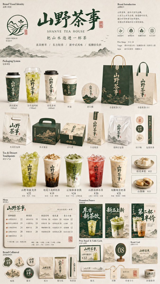 logo设计提示词：餐饮品牌 VI 全套提案板，Logo + 杯型包装 + 菜单 + 促销海报 + 周边一张出齐