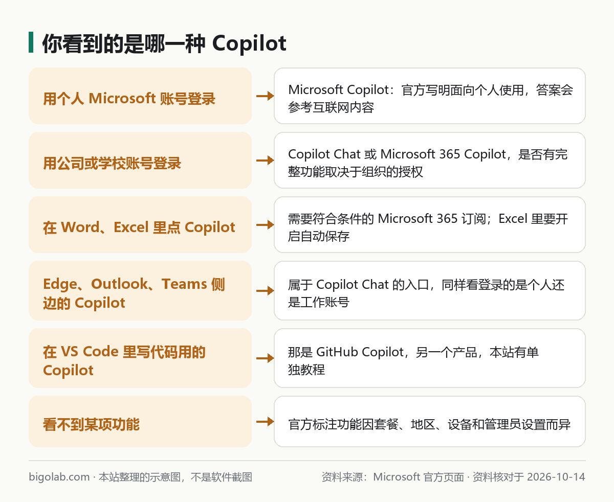 你看到的是哪一种 Copilot：个人账号、工作账号、Word 和 Excel 里、Edge 和 Outlook、GitHub Copilot、看不到功能