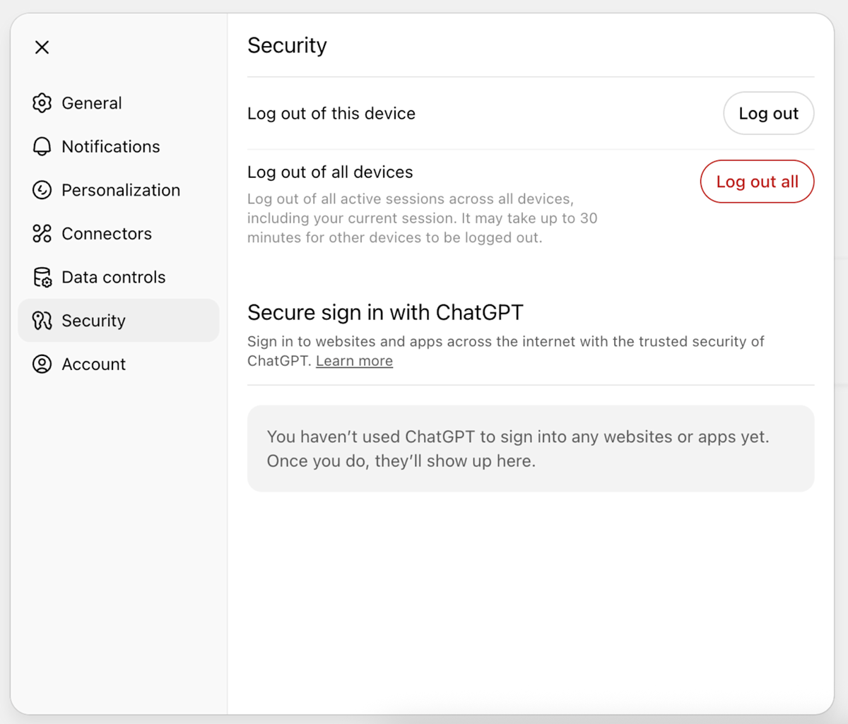 ChatGPT 设置的 Security 页面，「Log out of all devices」右侧是红色的「Log out all」按钮（英文界面，较早版本）