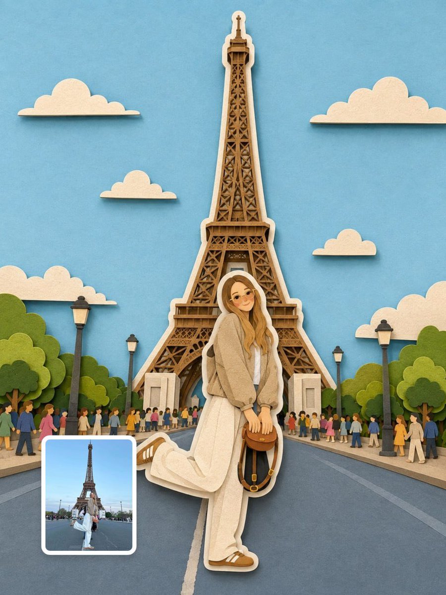 照片转剪纸风提示词：旅行照变成立体纸艺插画（gpt-image-2）