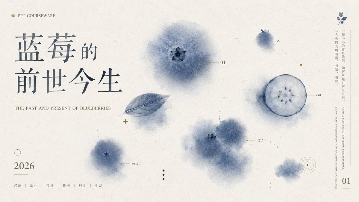 課件PPT封面提示詞：水彩植物 + 新文人排版的學術風封面（藍莓示例）（gpt-image-2）