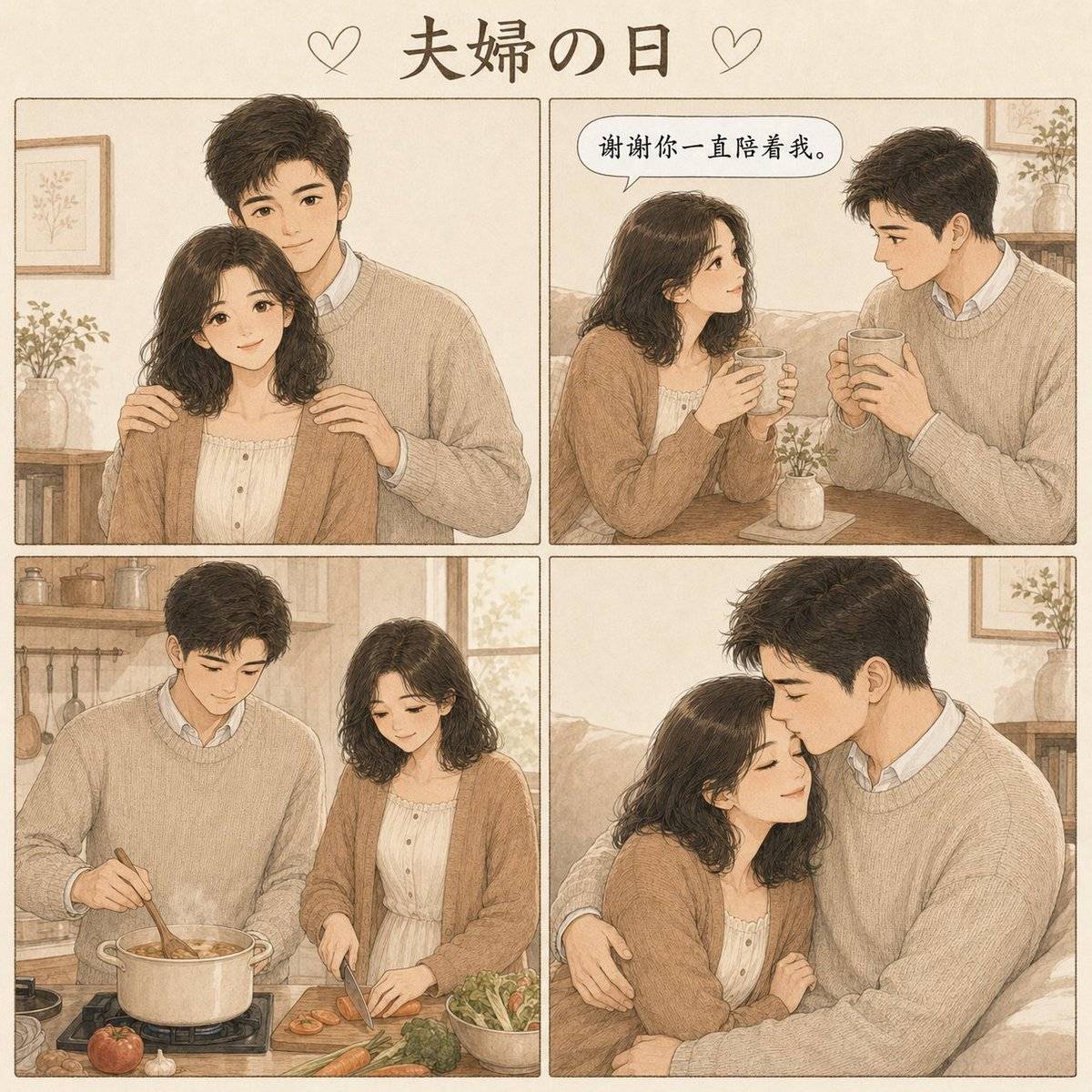 四格漫畫提示詞：角色一致 + 中文對白正確的暖色治癒系四格（情侶 / 貓狗日常）（gpt-image-2）