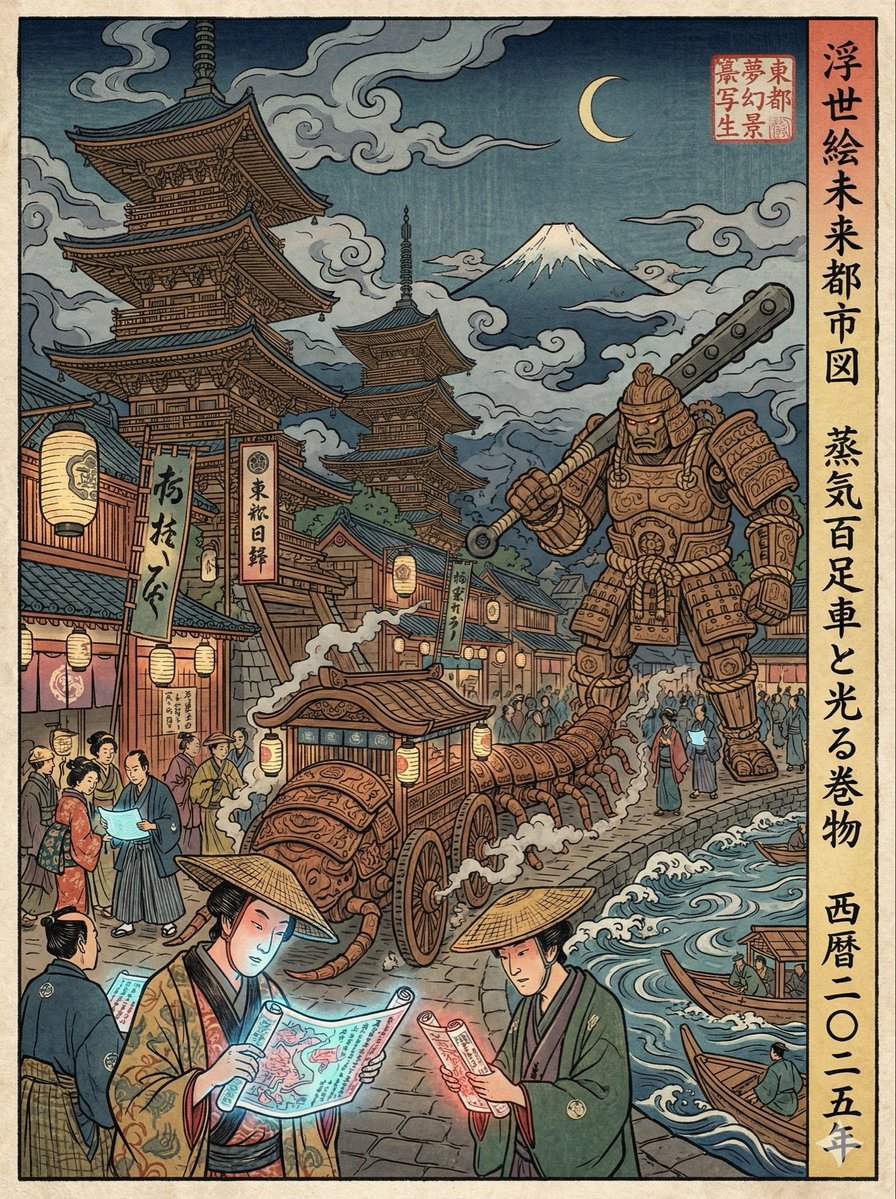 AI海报提示词：浮世绘木刻版画重绘现代街景（手机变发光卷轴、地铁变木制百足车、机器人变铠甲巨像）