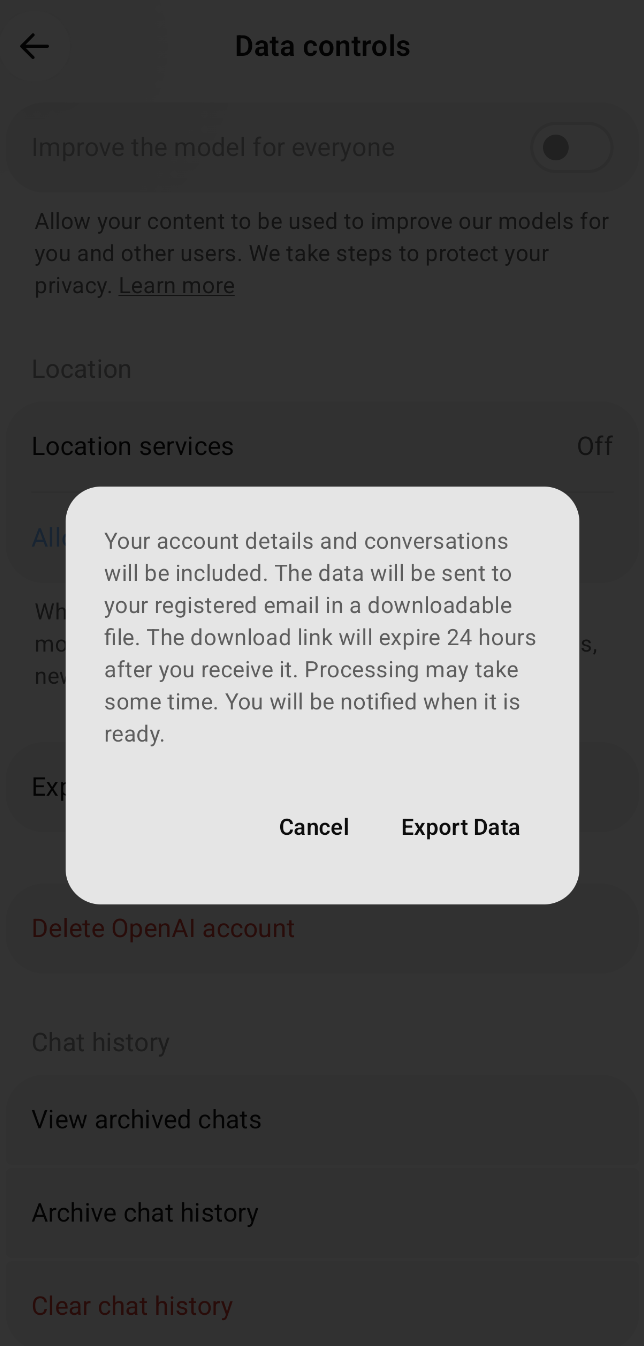 安卓 App 的 Data controls 頁面：點 Export Data 後的確認彈窗，說明下載連結 24 小時後過期