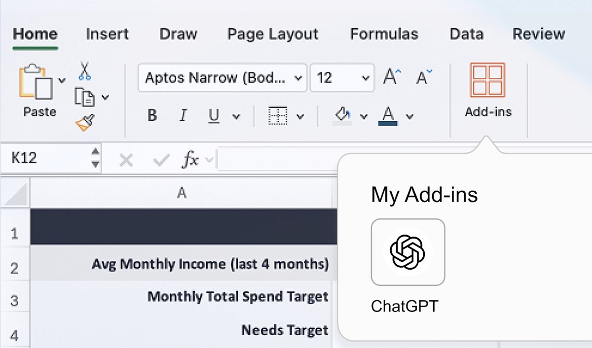 Office 功能区「Home」下的「Add-ins」按钮，弹出「My Add-ins」列表里的 ChatGPT 加载项（官方宣传图，此图为 Excel，Word 和 PowerPoint 入口相同，英文界面）