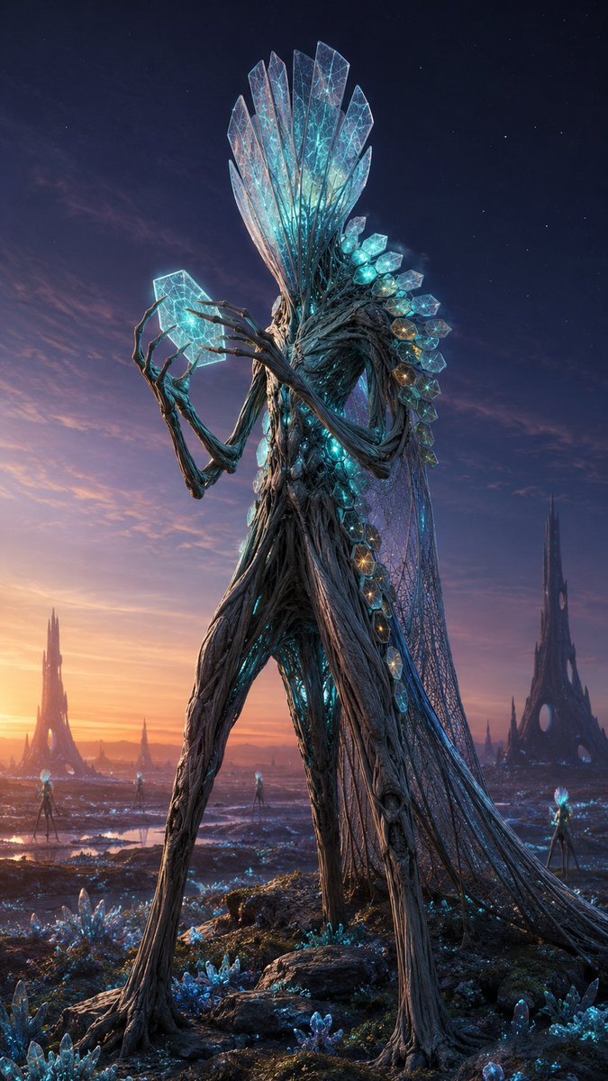 角色設定提示詞：非人形外星生物全身概念海報（三足樹皮身軀 + 發光晶體頭冠，豎版 9:16）