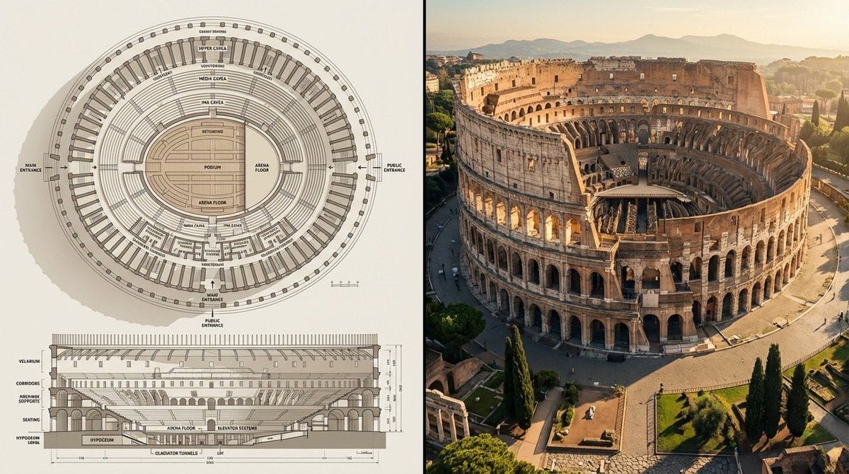 建筑效果图提示词：古建筑左右对比图，左边平面 + 剖面蓝图、右边黄金时刻实景鸟瞰