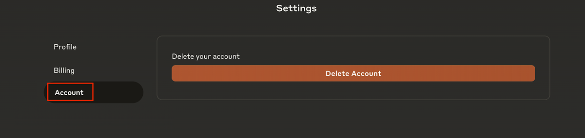 Claude 设置页的 Account 标签，右侧是 Delete Account 按钮