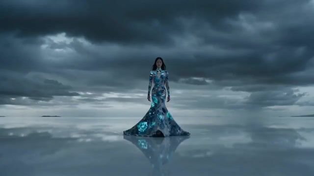seedance 提示詞：青花瓷高定禮服碎成水墨燕子（天空之鏡鹽湖 · 東方奇幻時尚大片）
