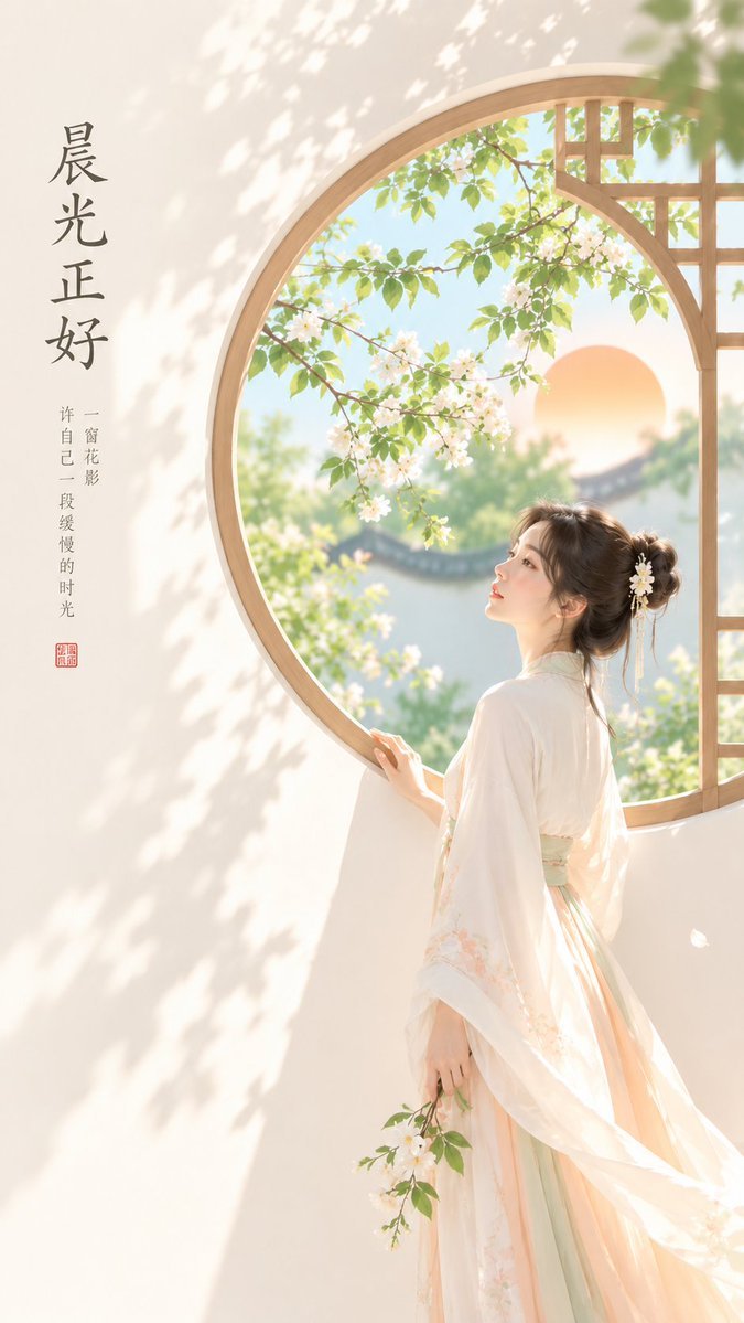 新中式壁紙提示詞：圓窗晨光裏的古風女子豎版封面（清透明亮、留白寫字）（gpt-image-2）