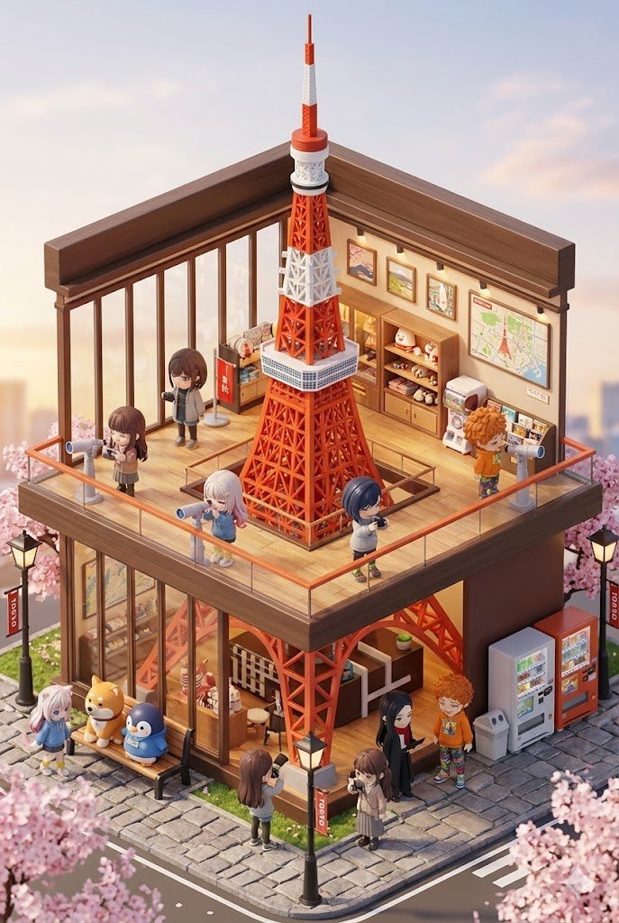 ai手办提示词：盲盒风 3D 微缩旅行场景，围着城市地标建的两层观景小屋和 Q 版游客（Nano Banana）