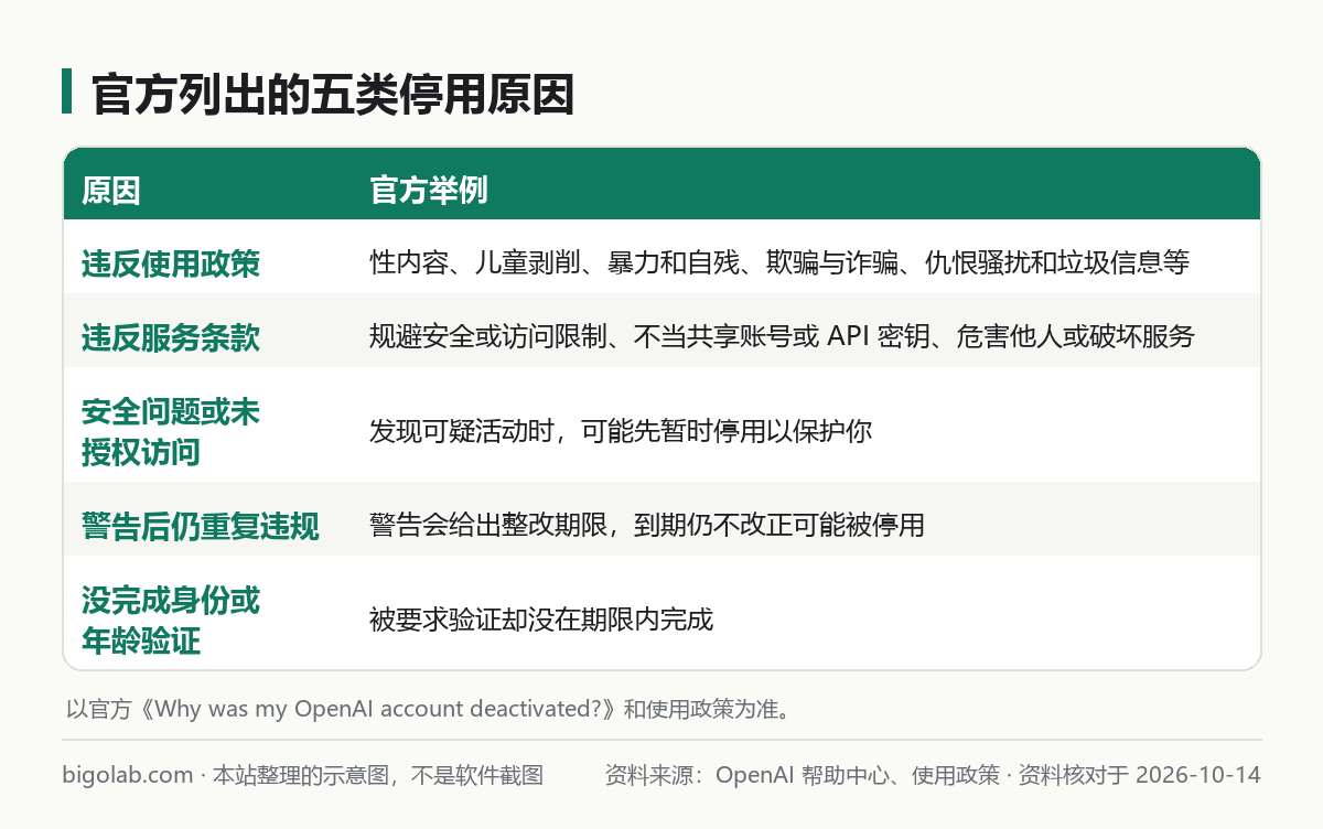 官方列出的五类停用原因：使用政策、服务条款、安全问题、警告后重复违规、验证未完成