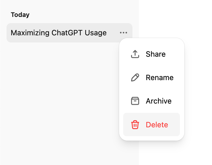 对话右侧「•••」菜单：Share（分享）、Rename（重命名）、Archive（归档）、Delete（删除）（英文界面）