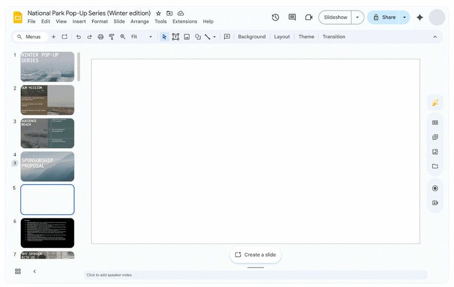 Google 幻灯片里的 Gemini：在空白页底部点「Create a slide」生成新页面，右侧是 Gemini 工具栏（官方动图截帧，英文界面）