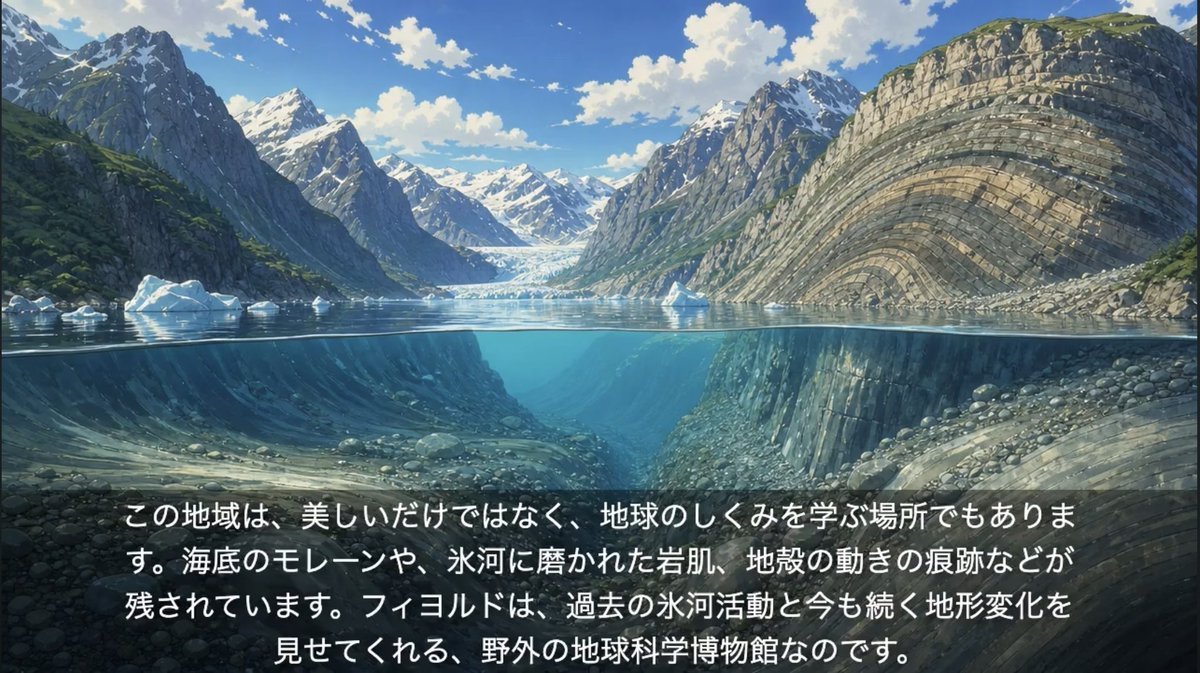 ppt提示詞：動漫電影風地理課件配圖，峽灣水上水下剖面 + 底部字幕條（gpt-image-2）
