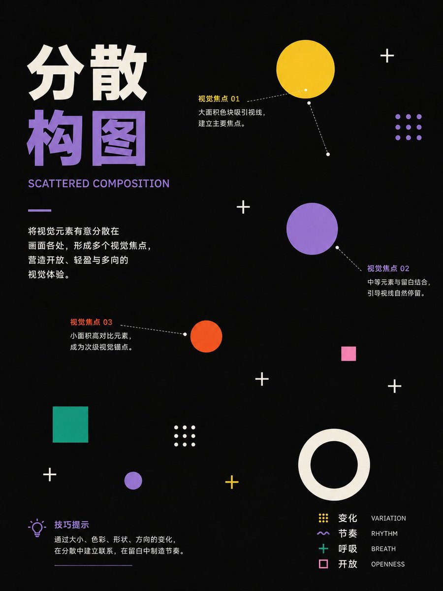 設計知識卡片海報提示詞：黑底幾何"分散構圖"教學圖（gpt-image-2）