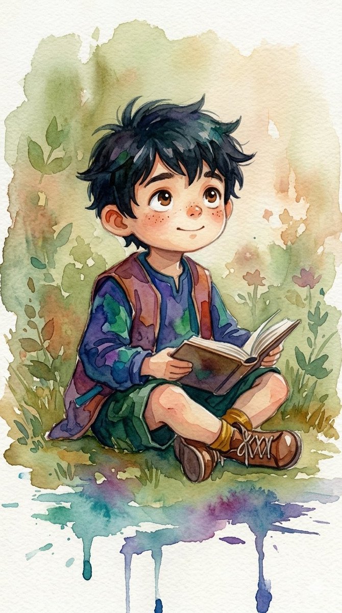ai绘本生成提示词：水彩森林小孩系列插画，晕染水色 + 雀斑大眼的童话人物（Nano Banana）