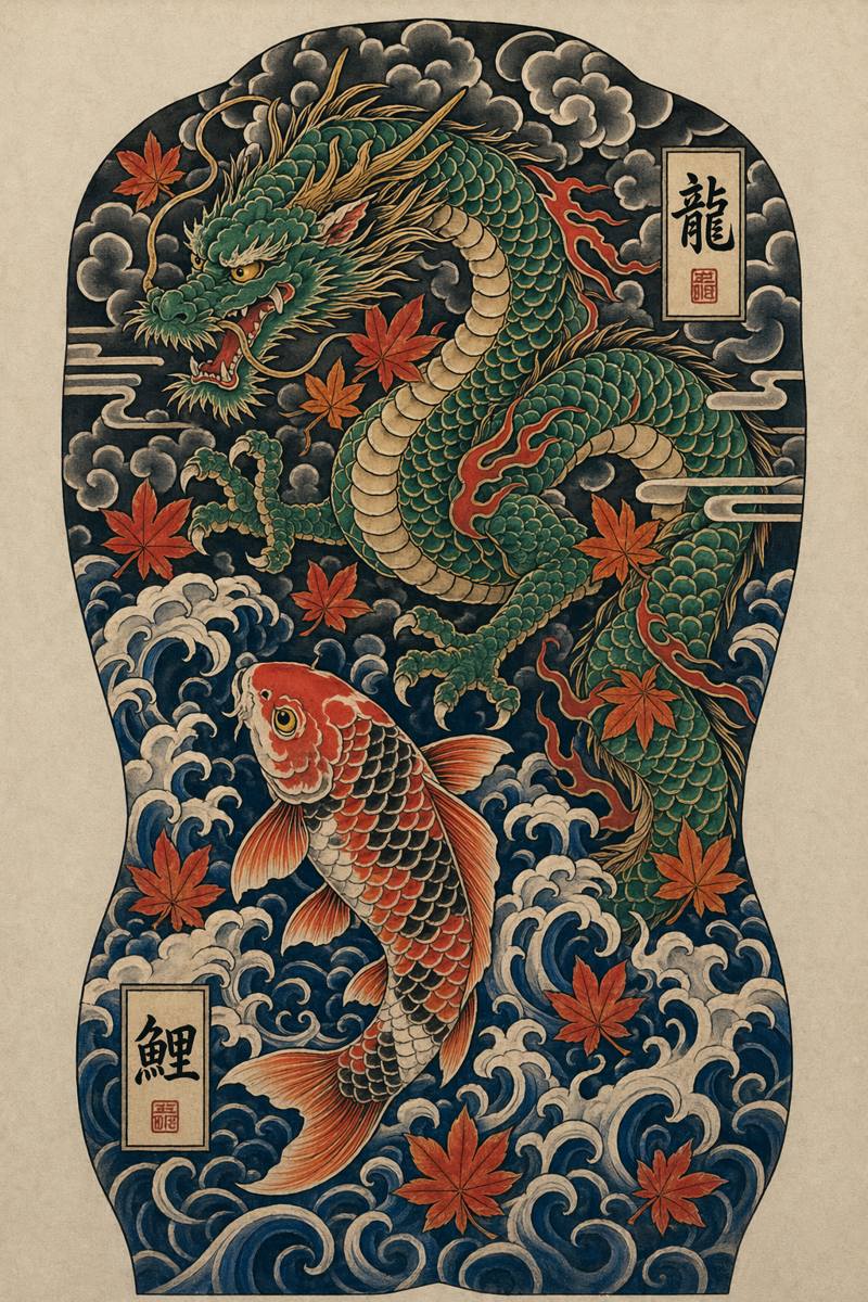 紋身設計AI提示詞：日式傳統滿背紋身稿，盤龍 + 錦鯉躍浪 + 紅楓與風紋