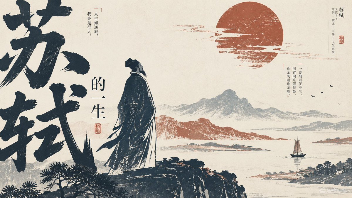 語文課件PPT封面提示詞：書法大字 + 版畫插畫的國風封面（蘇軾示例）（gpt-image-2）